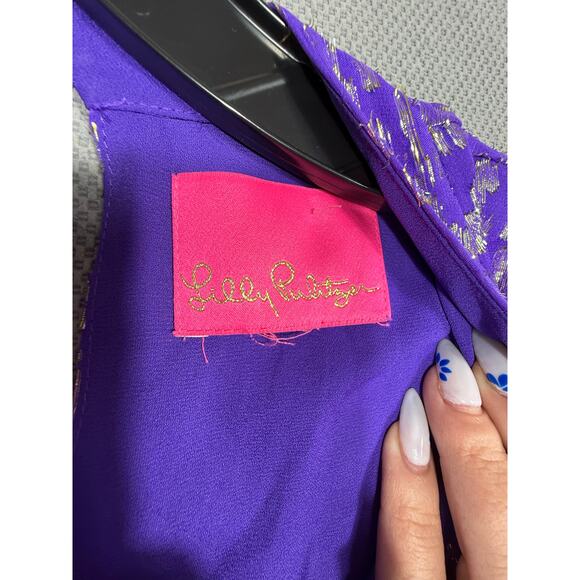 Lilly Pulitzer Purple Metallic Long Sleeve Tiered Dress Silk Blend Approx Size 0 - Picture 8 of 9